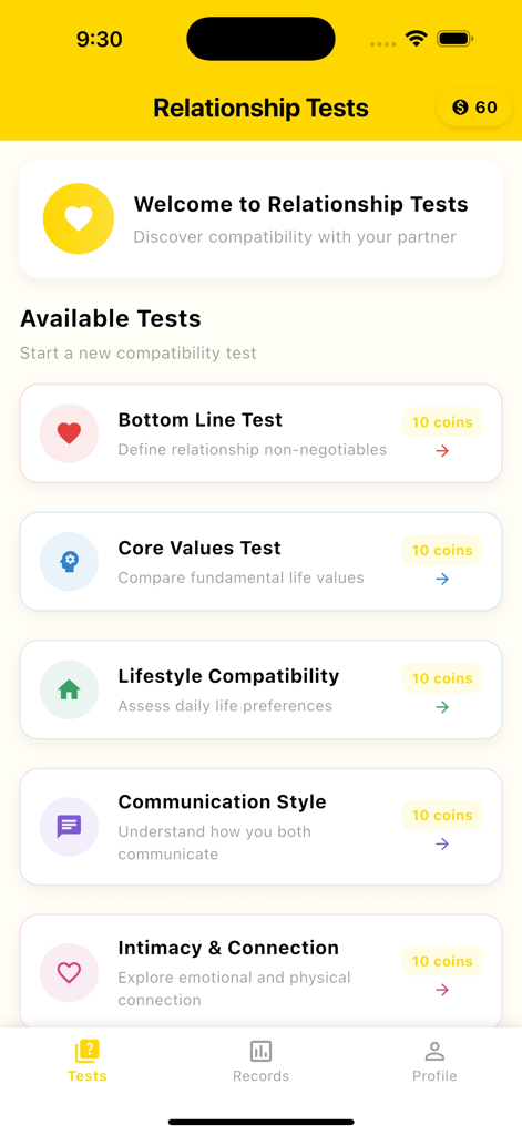 Keno- Quick Match - Interfaz de la aplicación Keno mostrando varias pruebas de compatibilidad de relaciones, incluyendo valores fundamentales y preferencias de estilo de vida.