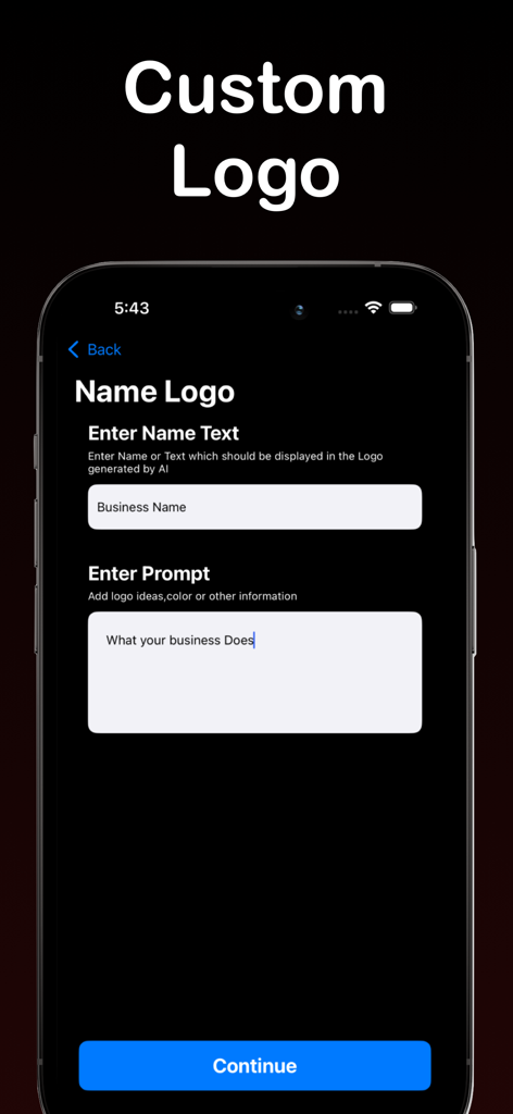 AI Logo Maker - NextLogo - Interfaz de aplicación móvil para AI Logo Maker que muestra campos de entrada de nombre y indicación.