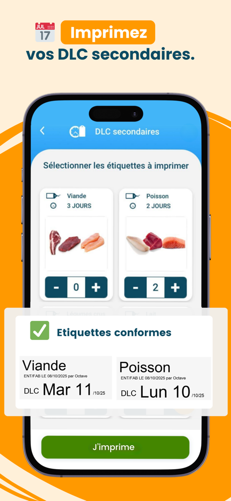 Octopus HACCP - Écran de l'application mobile Octopus HACCP pour l'impression d'étiquettes secondaires de durée de conservation pour les produits à base de viande et de poisson