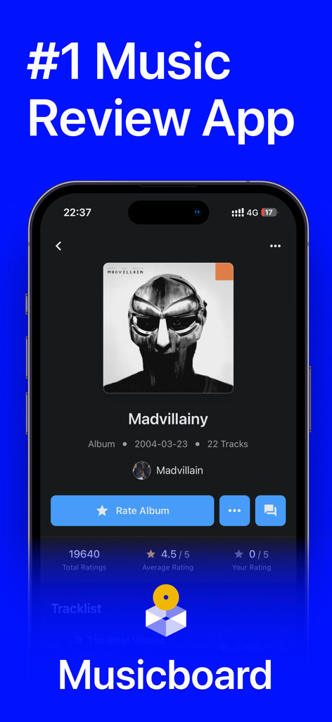 Ein Smartphone, das die Musicboard-App anzeigt, mit dem Album Madvillainy von Madvillain, das eine durchschnittliche Bewertung von 4,5 Sternen zeigt.