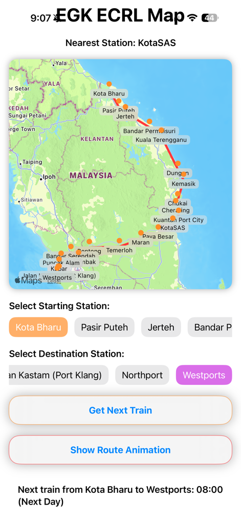 EGK ECRL Map - Map view of EGK ECRL app showing train stations in Malaysia and scheduling options