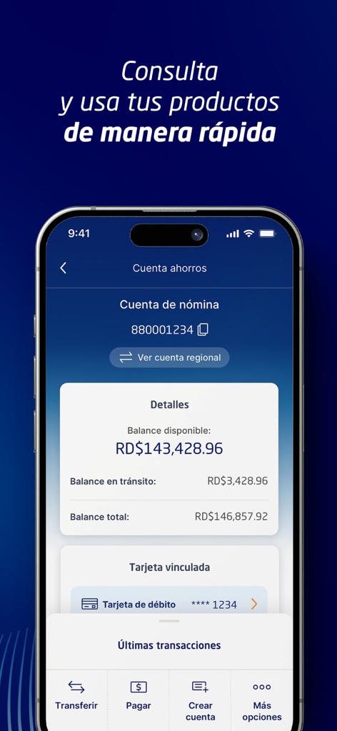 Interfaz de la aplicación móvil de Banco Popular Dominicano mostrando el saldo de la cuenta de ahorros y las opciones de transacción.