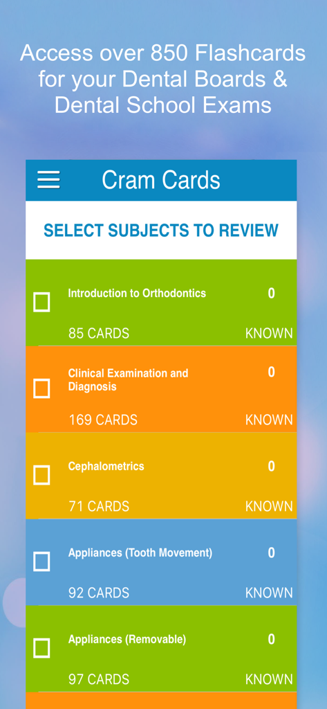 Orthodontics Cram Cards app interface displaying a list of dental study subjects and flashcard counts