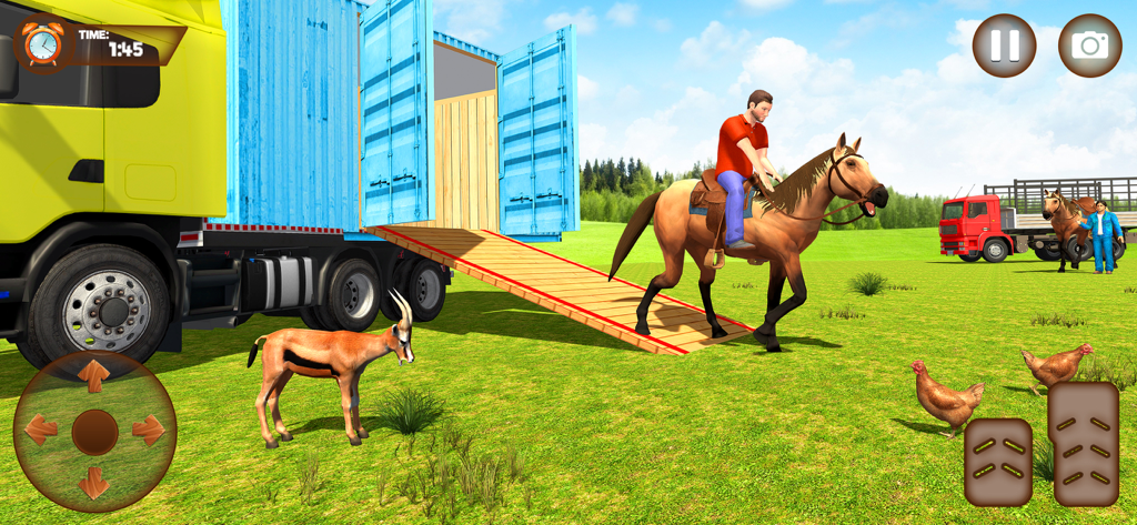 Animal Games : Truck Simulator - A man riding a horse onto a large cargo truck in a farm setting with chickens and a gazelle.