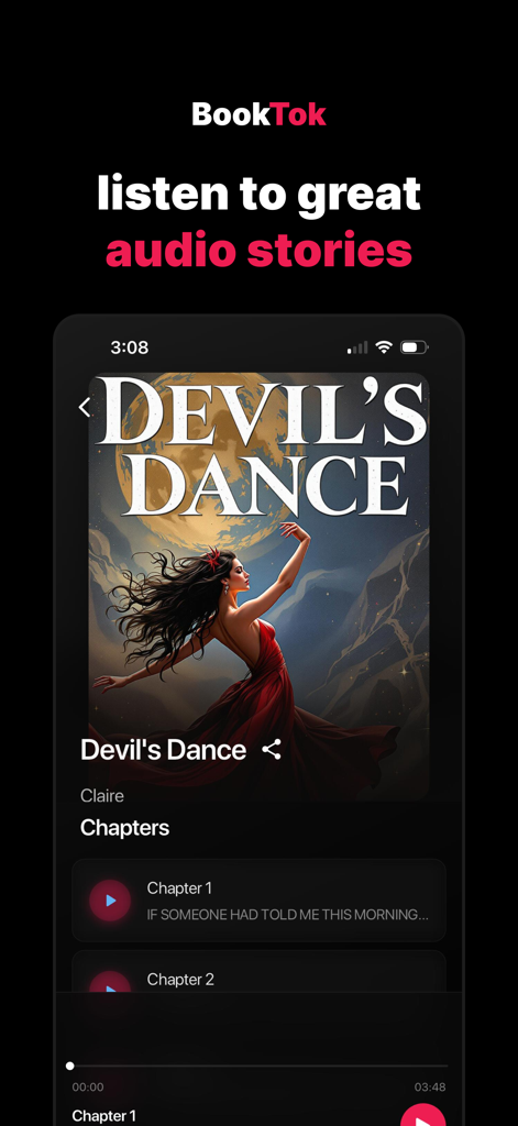 BookTok - Make Audiobooks - Smartphone screen displaying the BookTok app with an audiobook player for the story Devils Dance