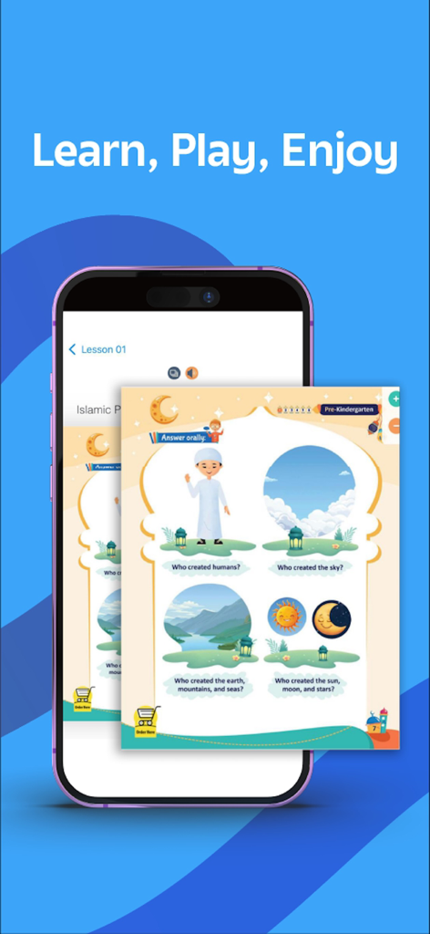 Studio Arabiya app interface showing an interactive Pre-Kindergarten Islamic studies lesson with colorful illustrations for children
