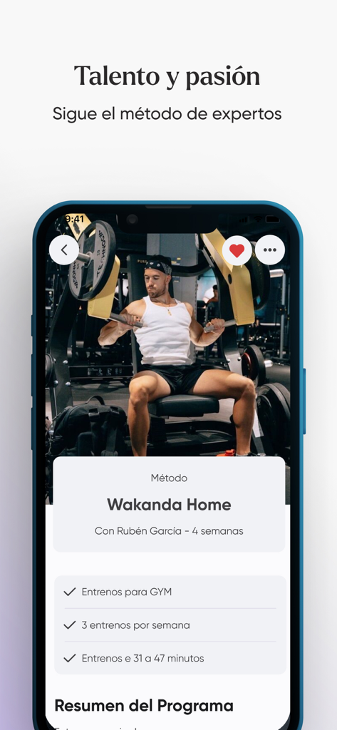 BeJao - Pantalla de smartphone mostrando un programa de entrenamiento de fitness llamado Wakanda Home de Ruben Garcia en la aplicación BeJao.