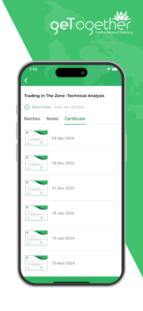 Interface do aplicativo GTF mostrando uma lista de certificados obtidos para um curso de trading de análise técnica