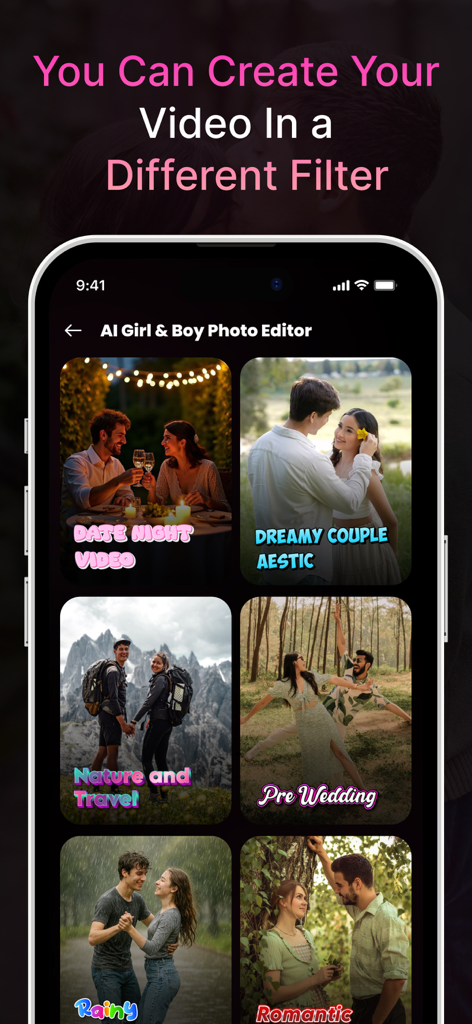 AI Couple Photo Generator - Benutzeroberfläche der KI-Partnerfoto-Generator-App, die verschiedene romantische Video- und Fotofilteroptionen wie Date Night und Pre-Wedding zeigt