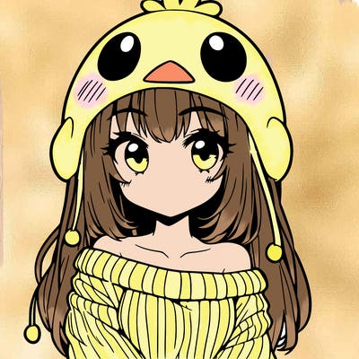 anime girl with chick shaped hat with sweater with bare shoulders with bangs covering them one eye with low tail