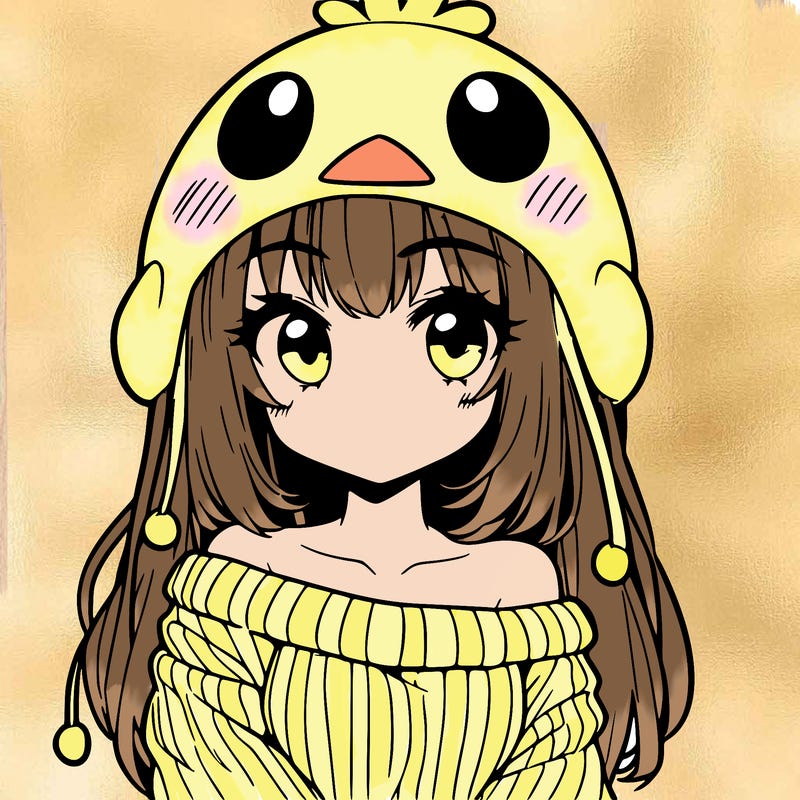 anime girl with chick shaped hat with sweater with bare shoulders with bangs covering them one eye with low tail