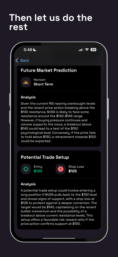 Alpha AI - Trading Assistant - Interface de l'application Alpha AI montrant une prédiction de marché future et une configuration de trade potentielle pour l'analyse de l'action NVDA
