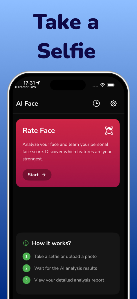 MaxLook: AI Face Rate & Looks - Interface of the MaxLook app showing instructions to upload a selfie for AI facial analysis.