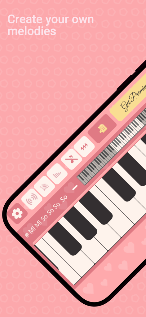 Pink piano keyboard interface with heart patterns and music control icons on a mobile screen