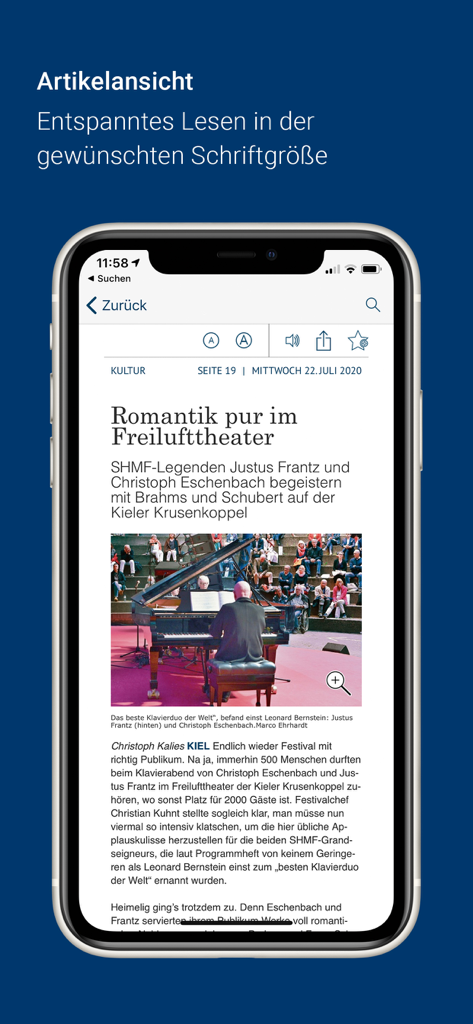 Ein Nachrichtenartikel mit dem Titel Romantik pur im Freilufttheater, angezeigt im Artikelansichtsmodus der shz E-Paper-Mobil-App.