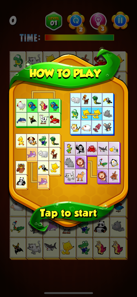 Onet Connect Animals Deluxe - Instructional screen for Onet Connect Animals Deluxe showing how to match animal tiles with connecting lines.
