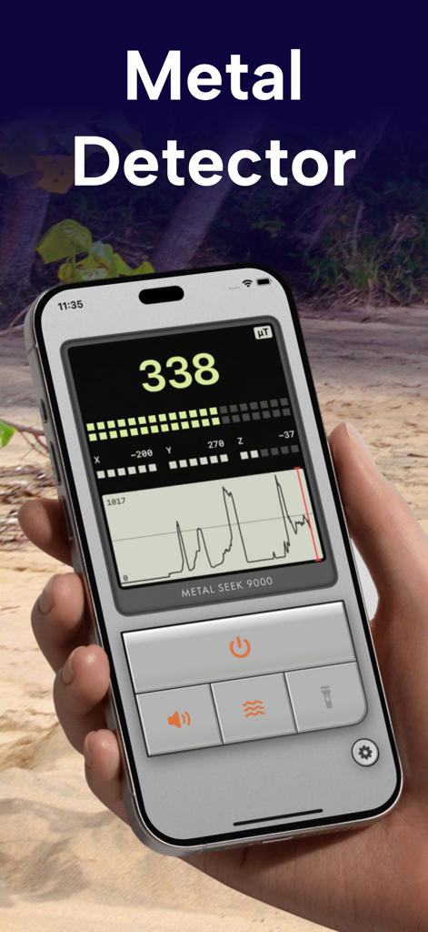 Metal Detector: EMF Finder - 砂の上に置かれたiPhoneのレトロUIのメタル探知機EMFファインダーアプリ