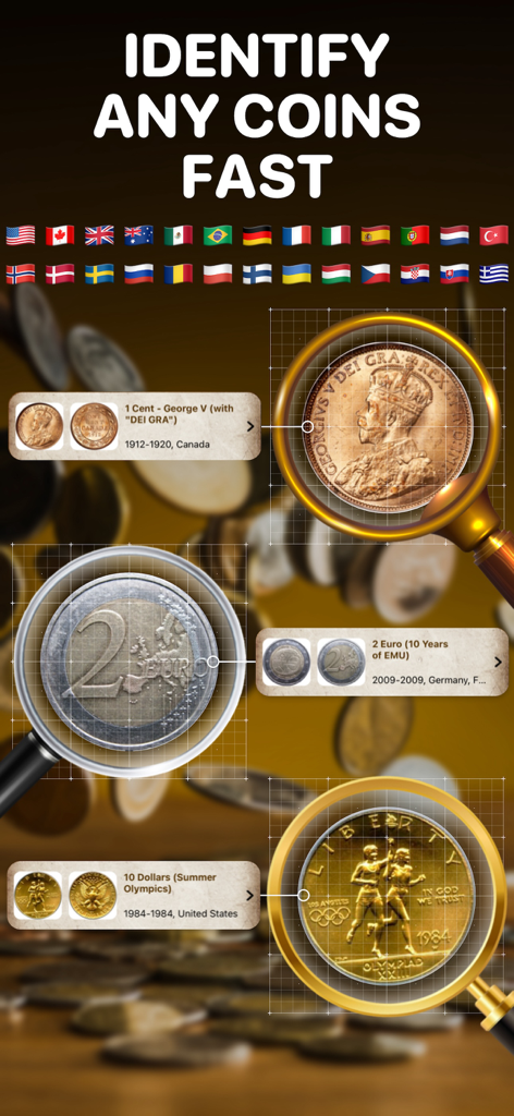 Coin Value Checker - Pantalla de la aplicación Coin Value Checker mostrando la identificación de monedas globales con lupas.