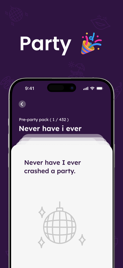 Never Have I Ever ~ Dirty Game - Captura de pantalla móvil de la app Never Have I Ever mostrando una tarjeta de pregunta temática de fiesta preguntando sobre colarse en una fiesta
