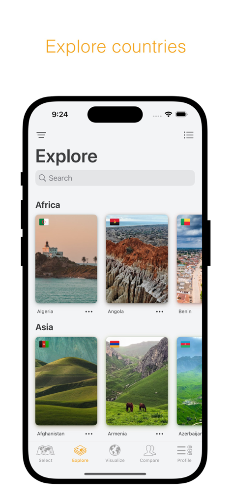 been - Interfaccia mobile della sezione esplora dell'app been che mostra una galleria di paesi con bandiere e foto organizzate per continente.