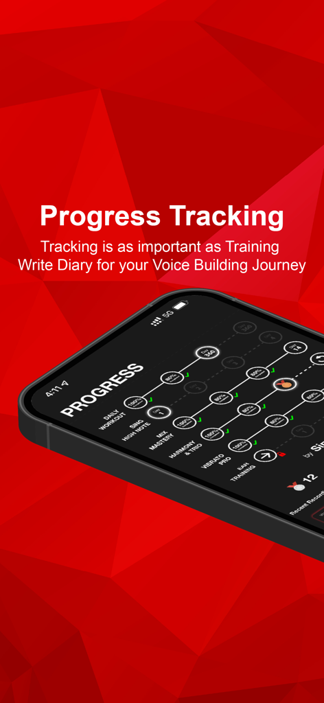 Painel de acompanhamento de progresso do aplicativo Sing Sharp mostrando pontuações de treino vocal diário e conquistas de lições de canto.