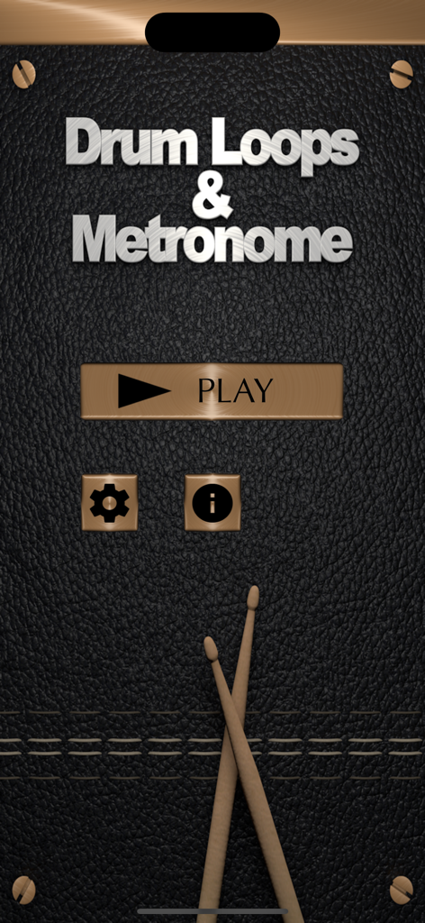 Start screen of the Drum Loops and Metronome app featuring a black leather background with crossed drumsticks and a play button