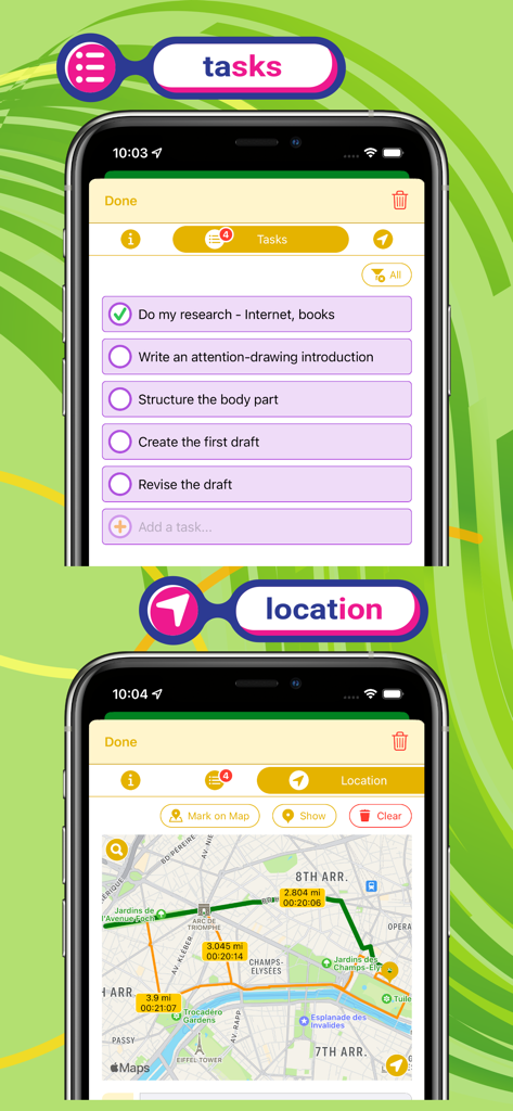A mobile interface showing a homework task checklist and a map with directions for class locations.