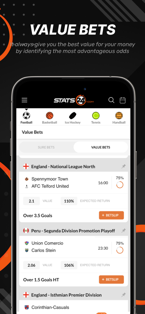 Stats24 mobile app displaying value bets and football match predictions with probability percentages