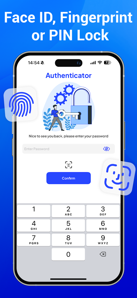 Authenticator App-Oberfläche für Face ID, Fingerabdruck- und PIN-Code-Sperrsicherheit