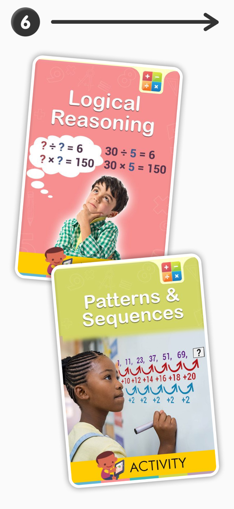 Two educational cards from Math Master app showing logical reasoning and patterns and sequences activities for 4th grade students