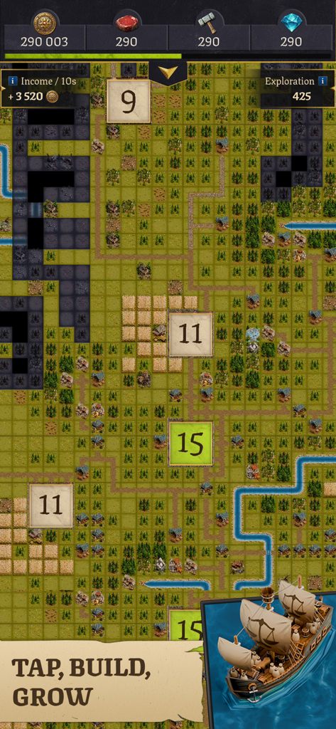 Vue de carte stratégique basée sur une grille d'un royaume médiéval dans Legacy of Kings montrant les ressources, les bâtiments et un navire d'exploration