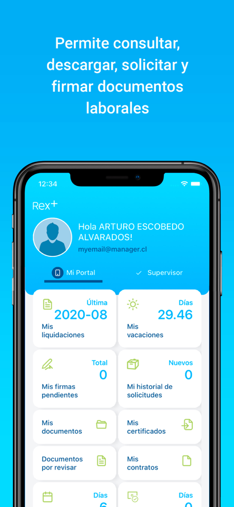 Rex+ - Panel de control de la aplicación móvil Rex plus que muestra el perfil del empleado, recibos de nómina y saldo de vacaciones