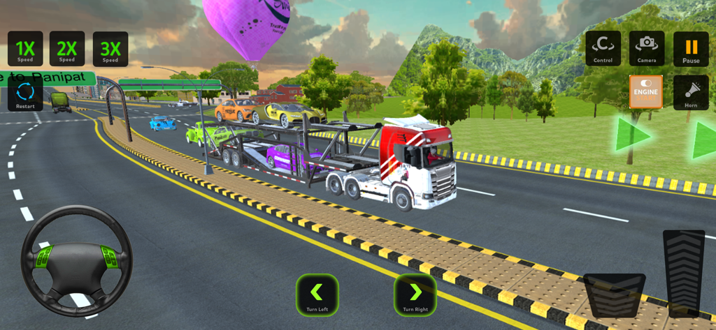 European Truck Driving Game - A white and red truck transporting cars on a scenic highway in a driving simulation game.