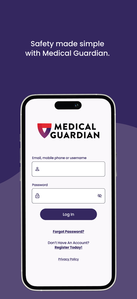 Login page of the MyMedicalGuardian app with username and password fields