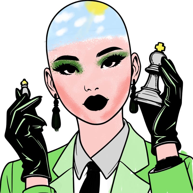 realistic bald asian female who wears suits and gloves and wearing hooped earrings while wearing lipstick, while holding a pawn chess piece in her hand