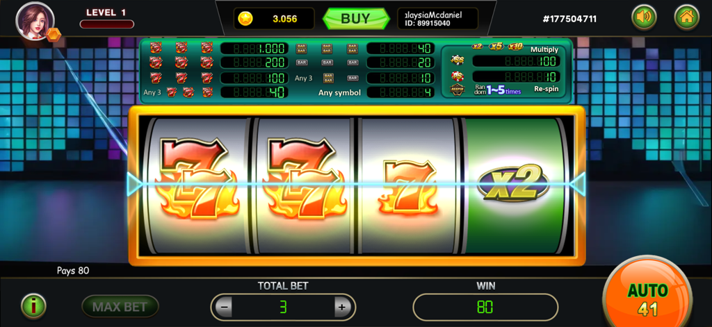Mega Win X Slots gameplay showing the Ultra 777 machine with a winning spin and a multiplier