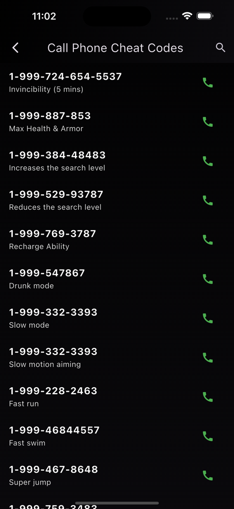 A list of mobile phone cheat codes for GTA V showing numbers for invincibility and max health