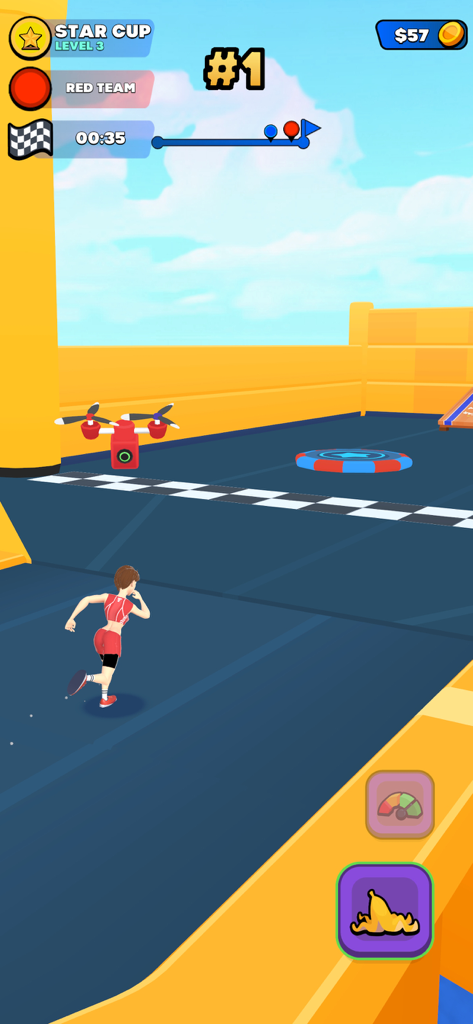 All Stars Challenge - Captura de tela do gameplay de All Stars Challenge mostrando um personagem de vermelho correndo em uma pista azul em direção à linha de chegada.