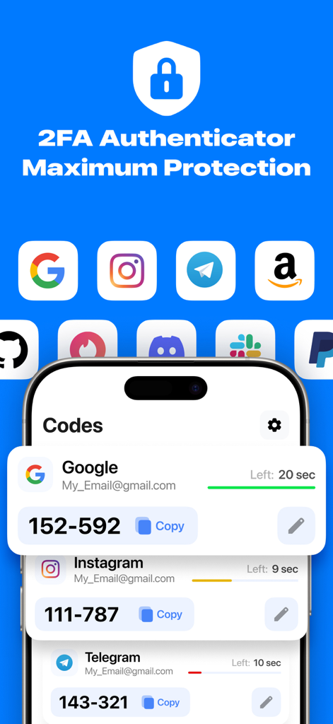 Authy Authenticator・2FA OTP - Authy 2FA Authenticator app displaying security codes for online accounts