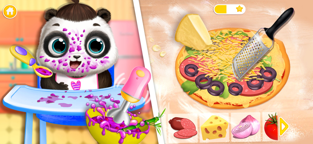 Una pantalla dividida que muestra al bebé panda Lu cubierto de comida morada y un minijuego de preparación de pizza