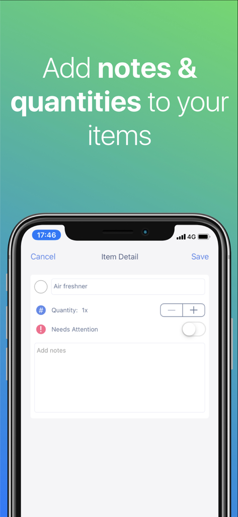 Interface montrant comment ajouter des notes et définir des quantités pour les articles de courses