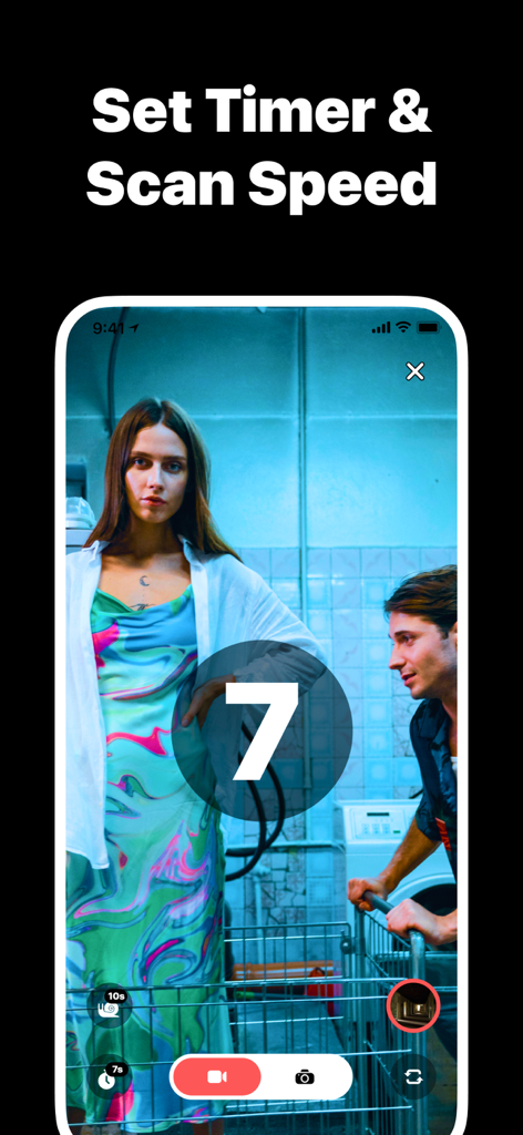 Time Warp Scan - Funny Face - Interface do aplicativo Time Warp Scan mostrando as configurações de timer e velocidade de escaneamento com uma contagem regressiva de 7 segundos