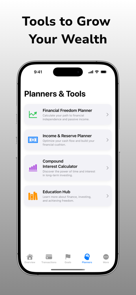 Profiro: FIRE & Budget Planner - Profiro app interface showing a list of financial tools including a compound interest calculator and financial freedom planner