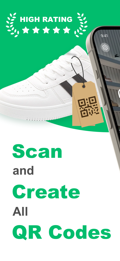 Easy QR Scan - Barcode Scanner - Pantalla promocional de la aplicación Easy QR Scan que muestra una alta calificación y funciones para escanear y crear todos los códigos QR