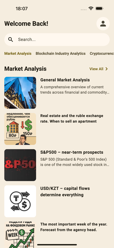 Era of Change mobile app showing market analysis and financial news articles