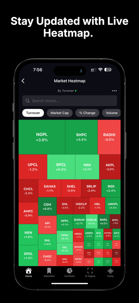 A live market heatmap on the Nepsense app showing real-time stock performance on the Nepal Stock Exchange.