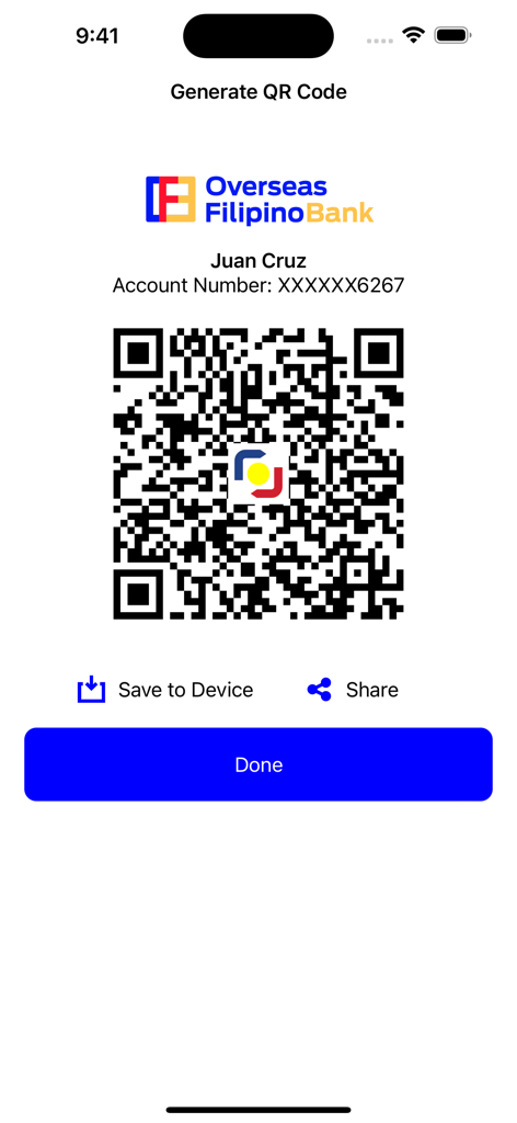 OFBank Mobile Banking - Screenshot of the OFBank mobile banking app showing a generated QR code for fund transfers