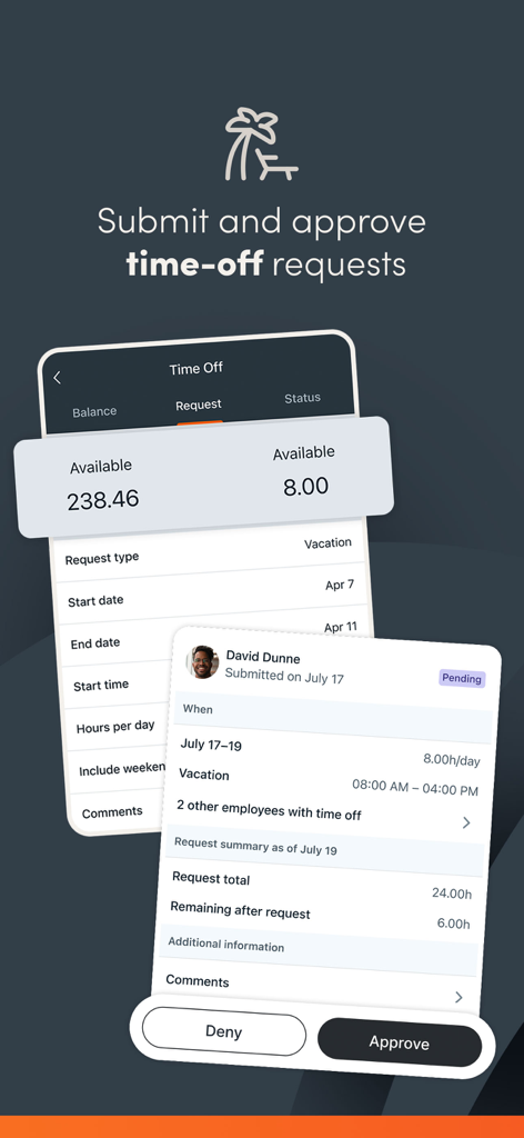 Paylocity - Paylocity mobile app interface showing a screen to submit and approve employee time off requests with available balance and manager approval buttons