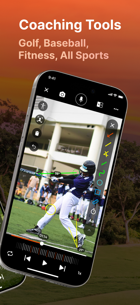 CoachNow: Sports Coaching App - CoachNow app interface featuring video analysis and technical annotations of a baseball player swing
