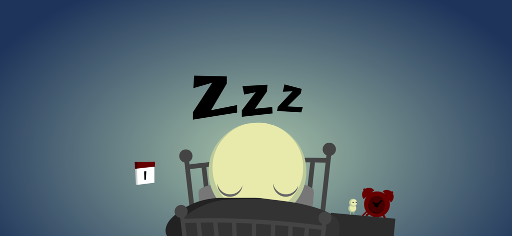 Sweet Drmzzz - A minimalist round character sleeping in a bed with an alarm clock and Zzz symbols floating above.